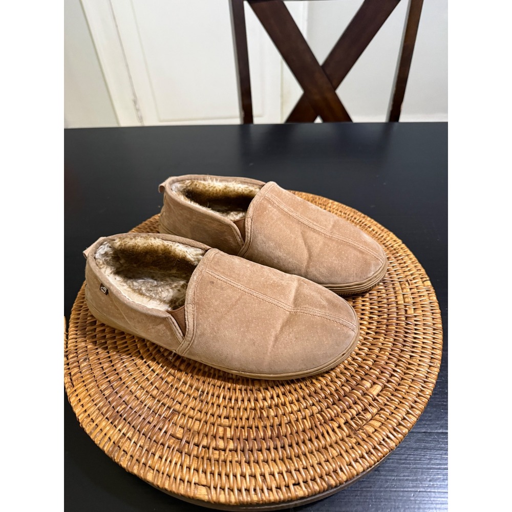 Lamo Mens Suede Moccasin Slippers Tan Chestnut Faux Fur Lined Size 9